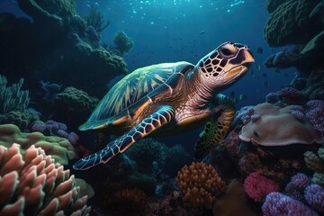 Fototapeta na wymiar Turtle illustration under the sea, corals and reefs, marine life concept. Generative AI