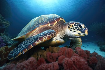 Obraz premium Turtle illustration under the sea, corals and reefs, marine life concept. Generative AI