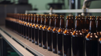 Brown glass beer bottles on a brewery conveyor belt. Generative AI.