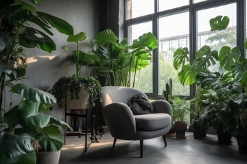 Apartamento selva urbana. Poltrona cinza perto da grande janela panorâmica, plantas de interior, monstera, palmeiras - obrazy, fototapety, plakaty