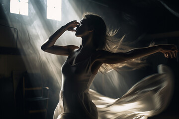 Fototapeta na wymiar young woman dancing in the dark in a beautiful white dress by candlelight