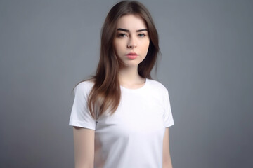 Fototapeta premium Generative AI. White T-Shirt Mockup on Female Model