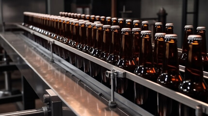 Brown glass beer bottles on a brewery conveyor belt. Generative AI