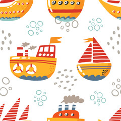 Cartoon seamless pattern with sail boats. Cute childish background. Many small colored ships. Colorful vector print. Kid backdrop for textile, fabric, paper, games, play mat