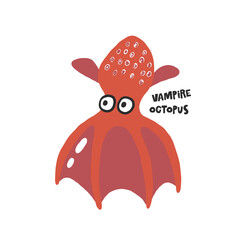 Vampire octopus. Hand drawn vector cartoon illustration for kids. Amusing Sea Animal