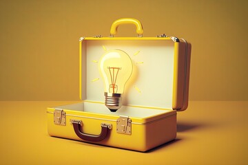 Light bulb and briefcase illustration, startup concept, yellow background. Generative AI