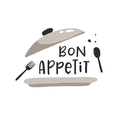 Bon appetit. Hand drawn vector illustration. For badges, labels, logo, bakery, street festival, farmers market, country fair, shop, kitchen classes, cafe, food studio