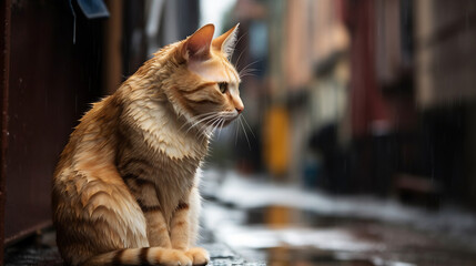 Cat enjoying a rainy day on the street. Generative AI.