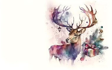 Deer with antlers and a present for Christmas. Copy space. Banner. Generative AI