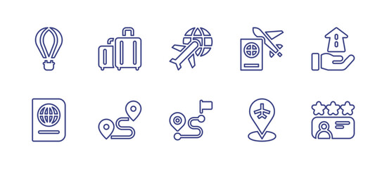 Travel line icon set. Editable stroke. Vector illustration. Containing hot air balloon, luggage, international, travel, future, passport, distance, placeholder, driver license.