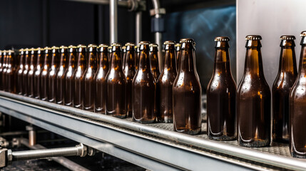 Brown glass beer bottles on a brewery conveyor belt. Generative AI.