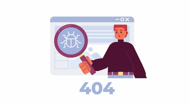Animated debugging tool 404 error. Explore website failure. Empty state 4K video footage with alpha channel transparency. Flash message. Color failed loading animation for UI, UX web design