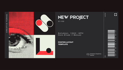 Modern exhibition ticket template layout made with abstract vector geometric shapes. Brutalism inspired graphics. Great for branding presentation, poster, cover, art, tickets, prints, etc.