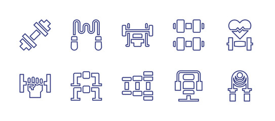 Workout line icon set. Editable stroke. Vector illustration. Containing dumbbell, jumping rope, gym, dumbbells, heart rate, fitness, push up bar, dumbell, gym machine, skipping rope.