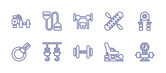 Workout line icon set. Editable stroke. Vector illustration. Containing dumbbell, chest expander, bench press, wheel, handgrip, pull up, hooks, fitness, workout, exercise.
