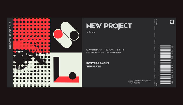 Modern exhibition ticket template layout made with abstract vector geometric shapes. Brutalism inspired graphics. Great for branding presentation, poster, cover, art, tickets, prints, etc.