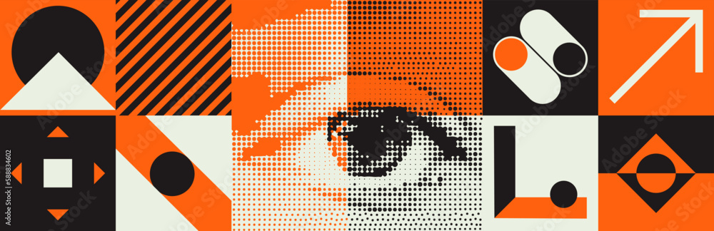Poster deconstructed postmodern illustrations feature vector abstract symbols with bold geometric shapes. t