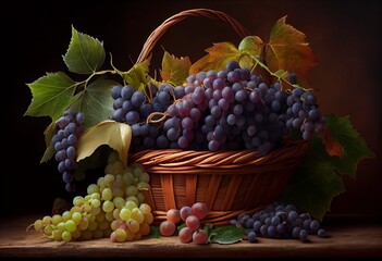 Fototapeta premium Basket With Freshly Picked Bunches Of Grapes. Generative AI