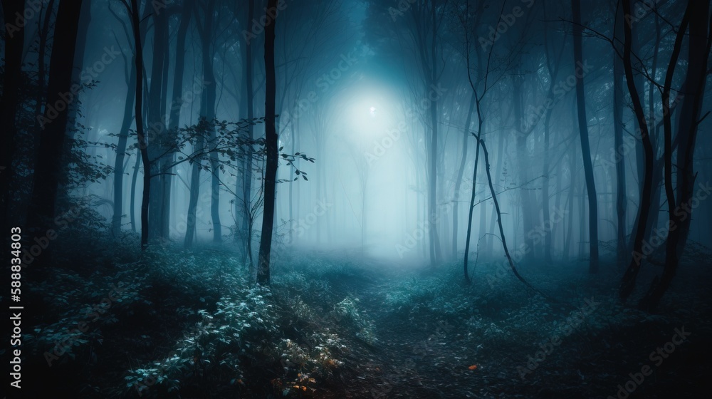 Poster a dark forest filled with lots of trees and bushes at night with a light shining through the trees o