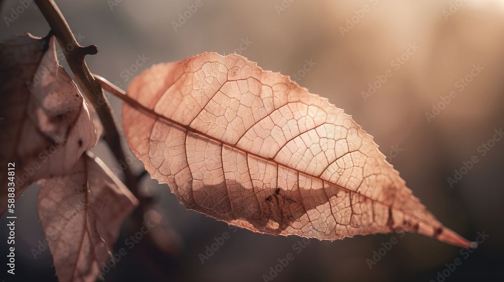 Poster a close up of a leaf on a tree branch with sunlight shining through the leaves on the tree branch, w