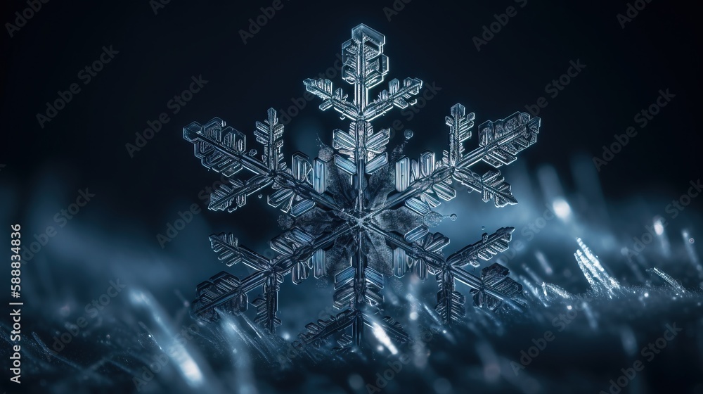 Poster a snowflake is shown in the middle of a dark background with snow flakes in the foreground and a bla
