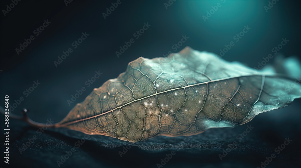 Poster a leaf with water droplets on it sitting on a surface with a dark background and a light shining on 