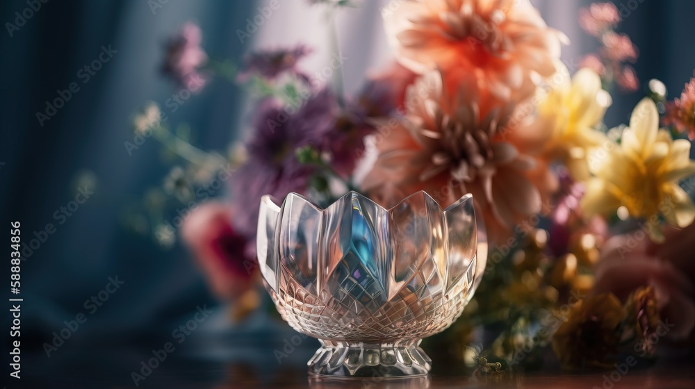 Poster a glass vase filled with flowers on a wooden table next to a curtained window with a curtained windo