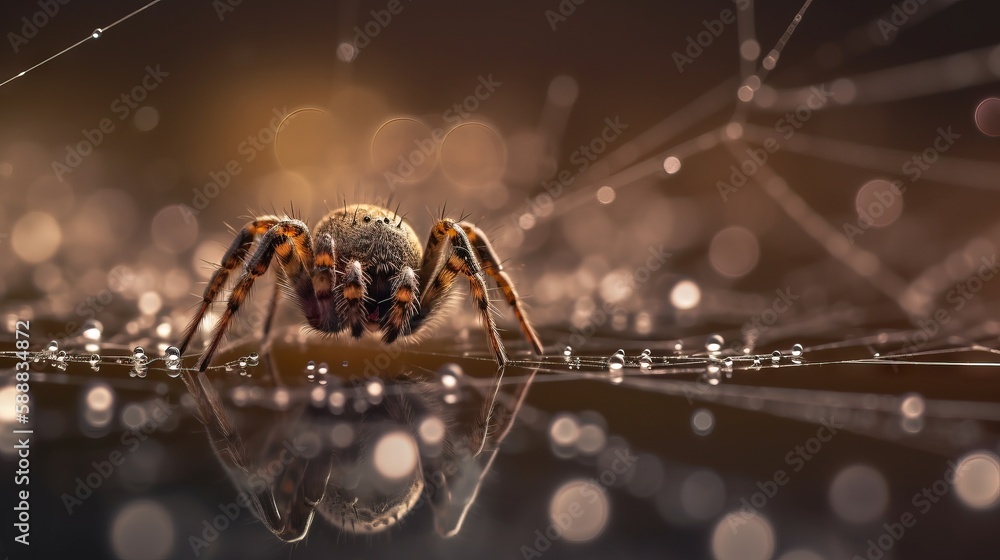 Poster a close up of a spider on a surface with water droplets on it's surface and a blurry background behi