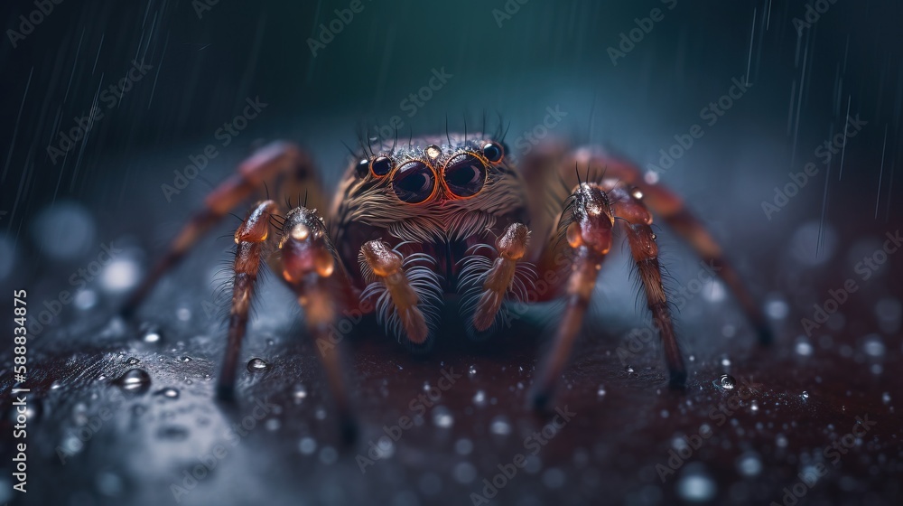 Poster a close up of a spider on a table with water droplets on it's surface and a dark background with a g