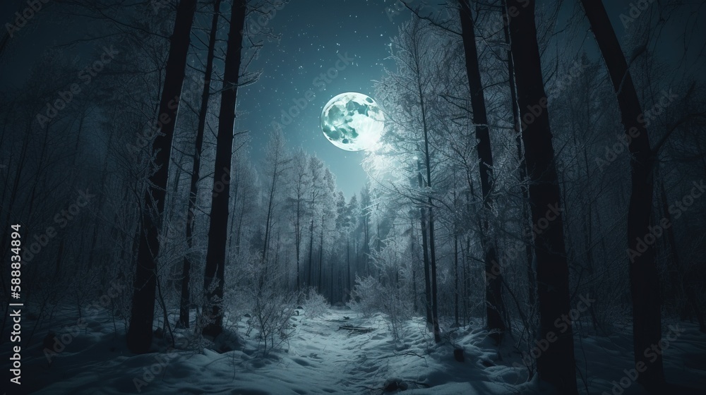 Poster a dark forest with a full moon in the sky and trees covered in snow, with a path leading to the cent