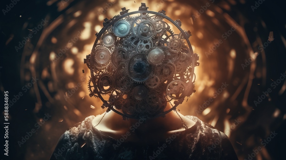 Poster a person with gears in their head in a dark room with a light coming from the top of the head and a 