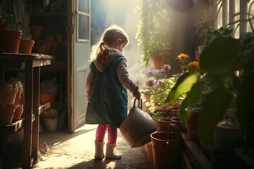 Obraz na płótnie Canvas Gardening planting by cute girl, spring outdoor (Ai generated)