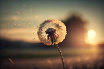 Dandelion blow away at golden hour on spring (Ai generated)