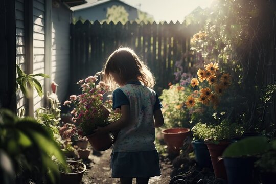Gardening planting by cute girl, spring outdoor (Ai generated)