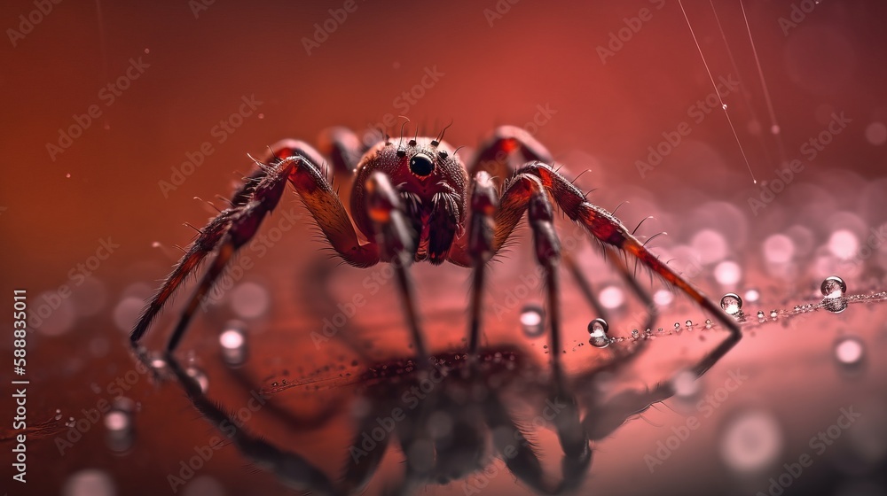 Poster a close up of a spider with drops of water on it's face and body, with a red background and a red ba