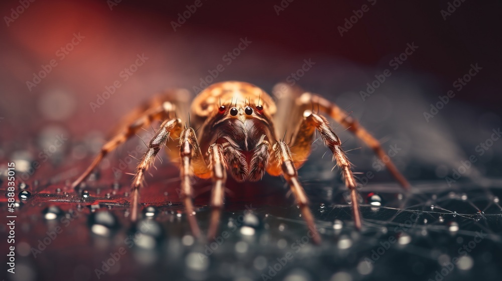 Poster a close up of a spider on a surface with water droplets on it's surface and a red background behind 