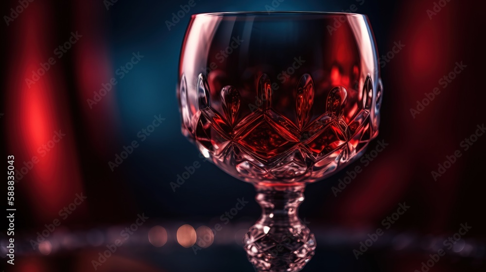 Poster a glass of wine on a table with a red curtain in the background of the glass is a reflection of the 