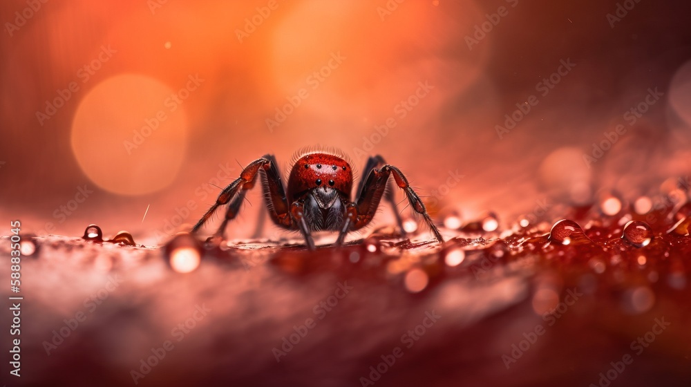 Poster a spider with a red face and red eyes on a surface with drops of water on it's surface and a blurry 