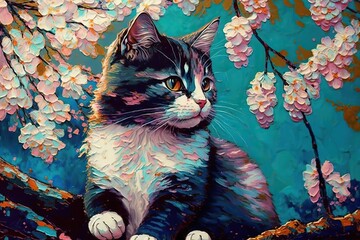 Kitten at cherry blossoms tree, Abstract colorful painting (Ai generated)