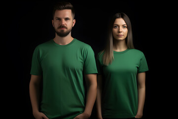 Fototapeta premium Generative AI. Blank Green T-Shirt Mockup on Male and Female Model: Showcase Your Designs in Style