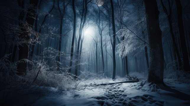  a path in a snowy forest with a full moon in the sky above it and a trail in the middle of the woods with snow on the ground.  generative ai