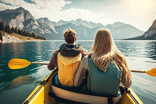 Canoeing, couple kayaking in beautiful lake (Ai generated)