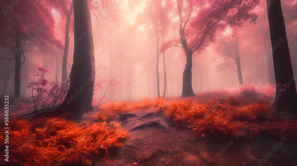 Poster a path through a forest with red leaves on the ground and trees in the background with fog on the gr