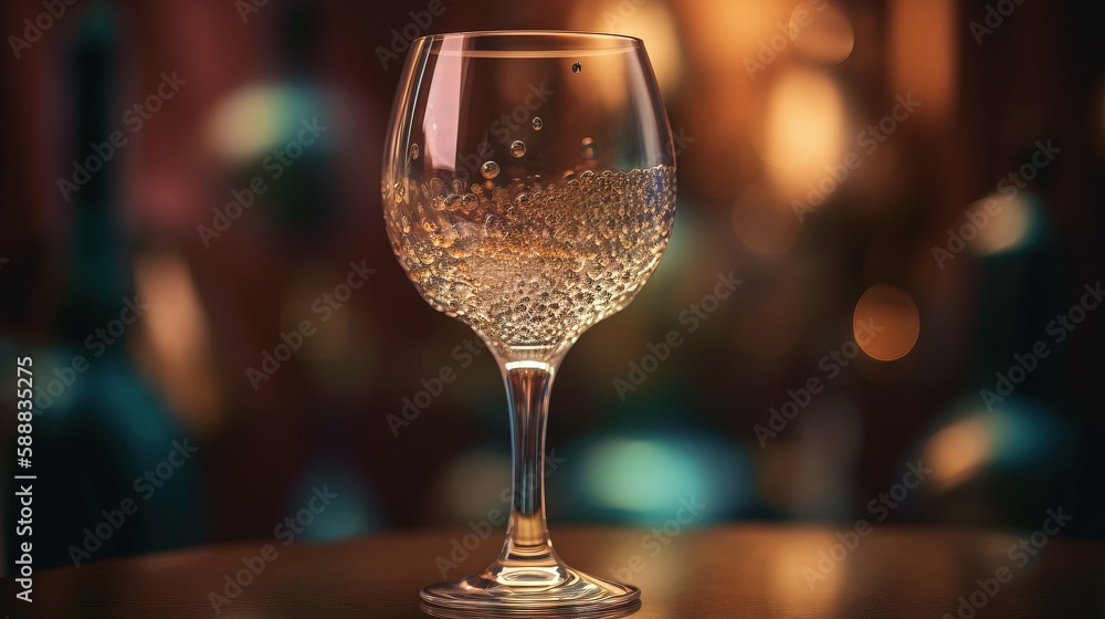 Poster a glass of wine on a table with blurry lights in the backround of the image in the backround of a bl