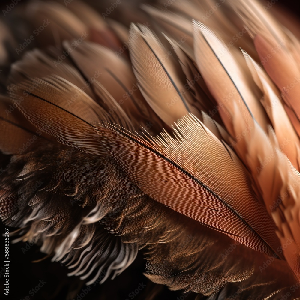 Poster a close up of a bird's feathers with a black background and a blurry image of a bird's tail and wing