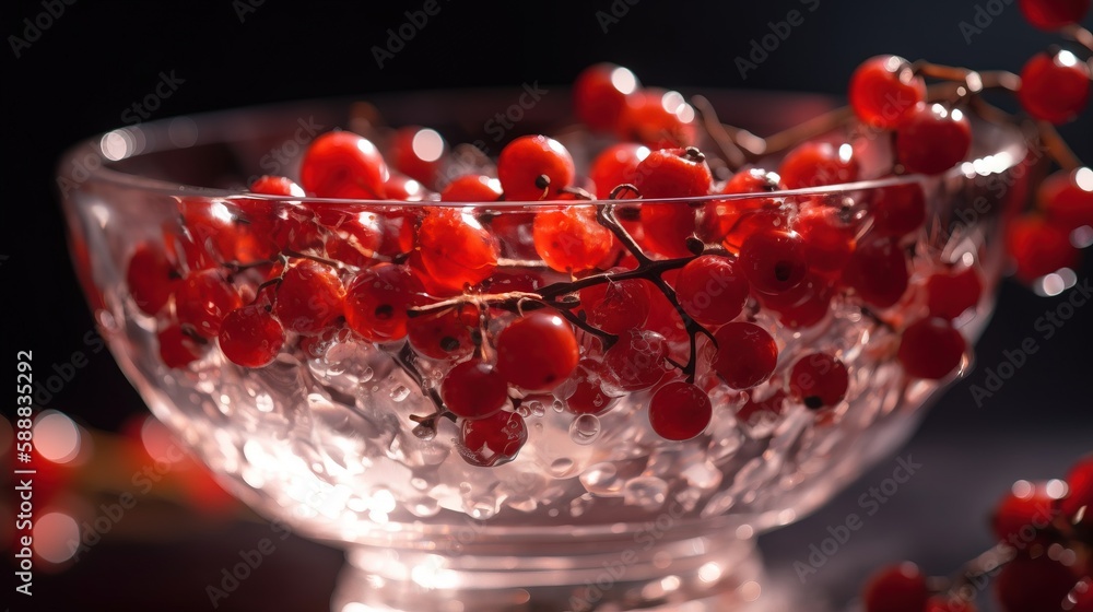 Poster a glass bowl filled with red berries on top of a table next to a black background and a string of li