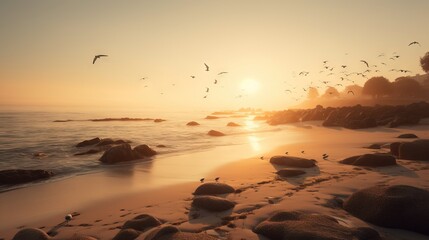 Obraz na płótnie Canvas birds flying over the ocean at sunset on a beach with rocks and sand on the shore and a body of water in the foreground. generative ai