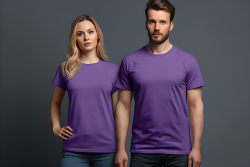 Obraz premium Generative AI. Blank Purple T-Shirt Mockup on Male and Female Model: Showcase Your Designs in Style
