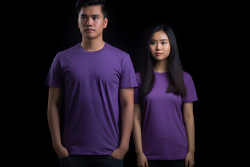 Generative AI. Blank Purple T-Shirt Mockup on Male and Female Model: Showcase Your Designs in Style