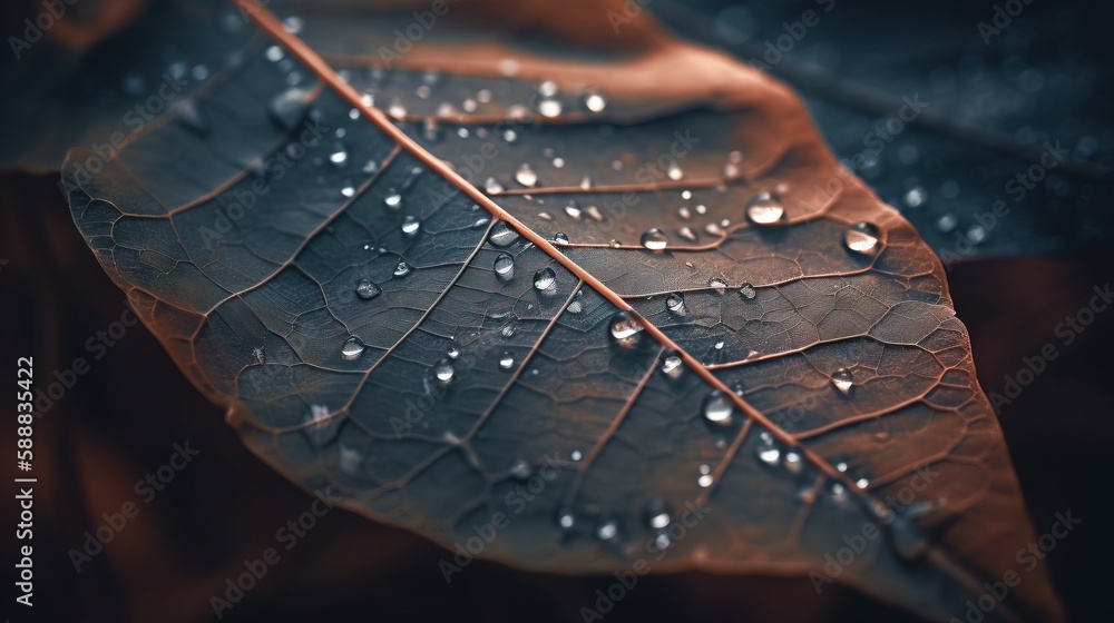 Poster a leaf with water drops on it is shown in this image of a leaf with water droplets on it, and a dark